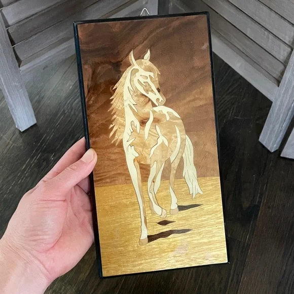 Vintage Handcrafted Marquetry Inlaid Wood Horse Western Wall Art Panel decor - Picture 2 of 3